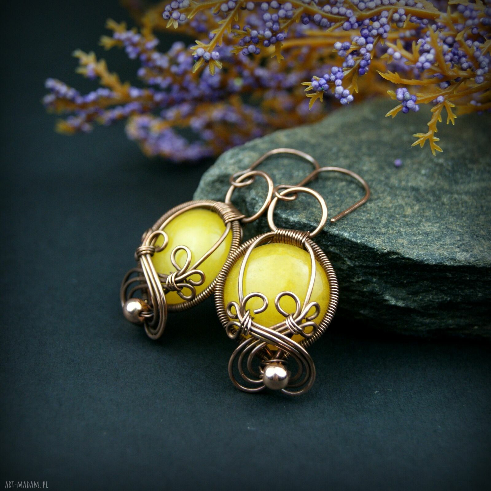 Kolczyki z agatem, hematytem i miedzią - ręczne wire wrapping
