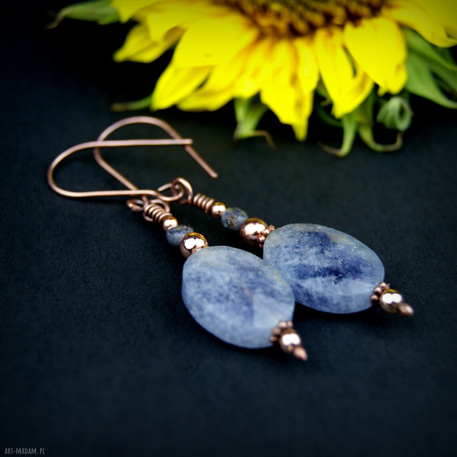 Kolczyki z akwamarynem i szafirem - wiszące miedziane wire wrapping
