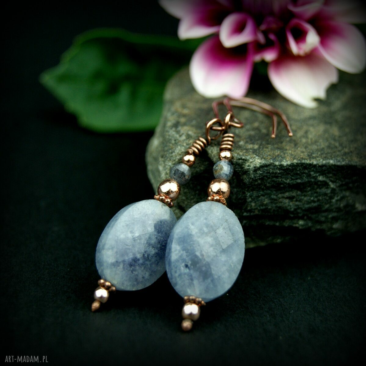 Kolczyki z akwamarynem i szafirem - wiszące miedziane wire wrapping