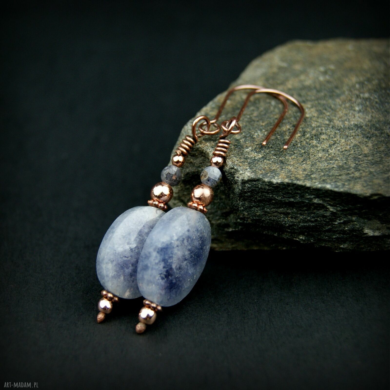 Kolczyki z akwamarynem i szafirem - wiszące miedziane wire wrapping