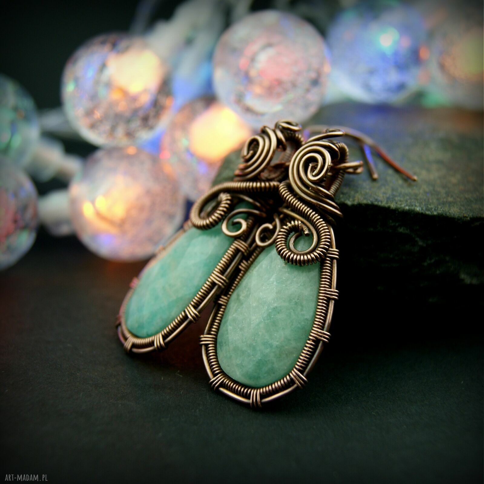 Wiszące kolczyki z amazonitem - miedziane wire wrapping, ręczne wykonanie