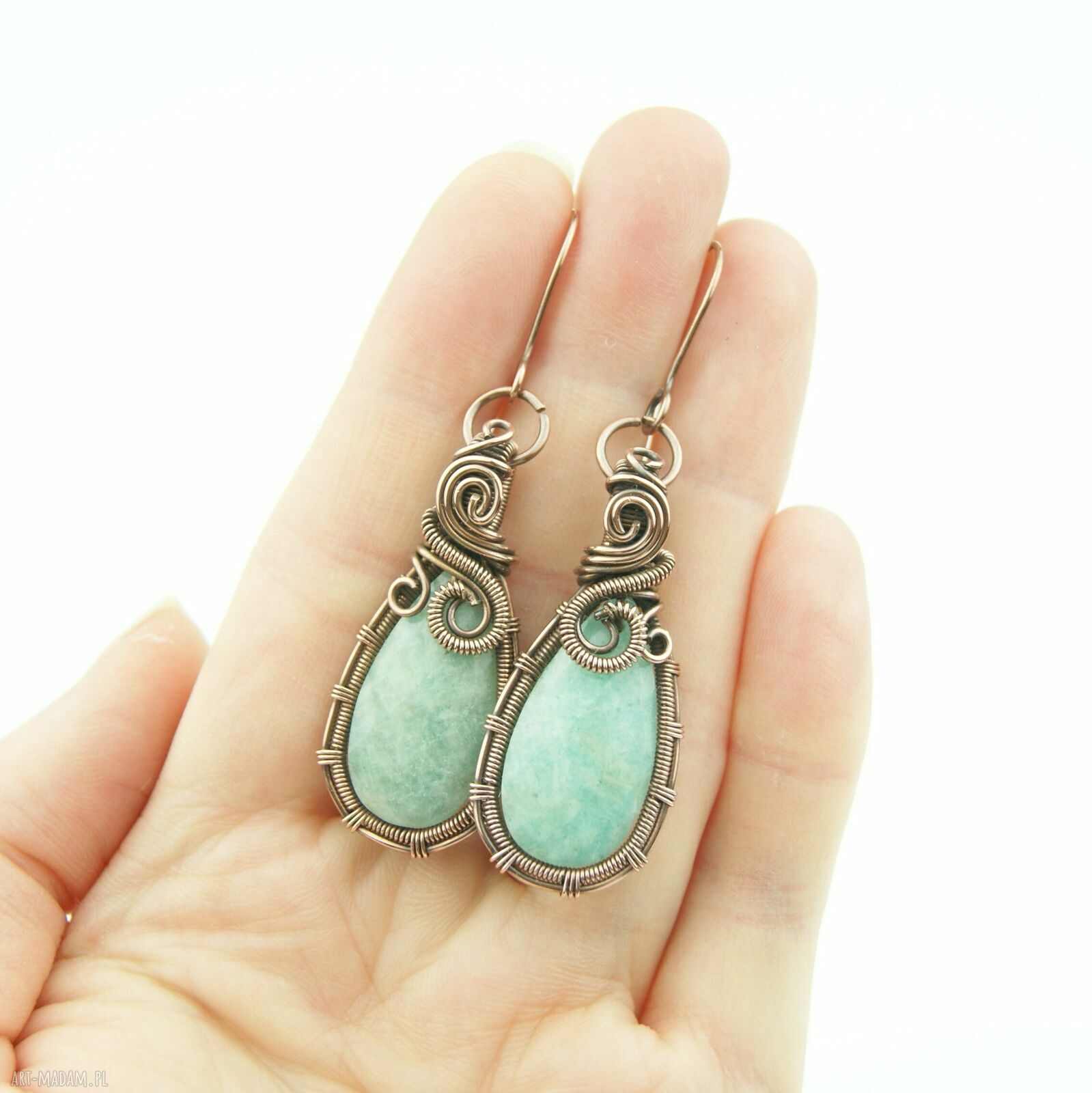 Wiszące kolczyki z amazonitem - miedziane wire wrapping, ręczne wykonanie
