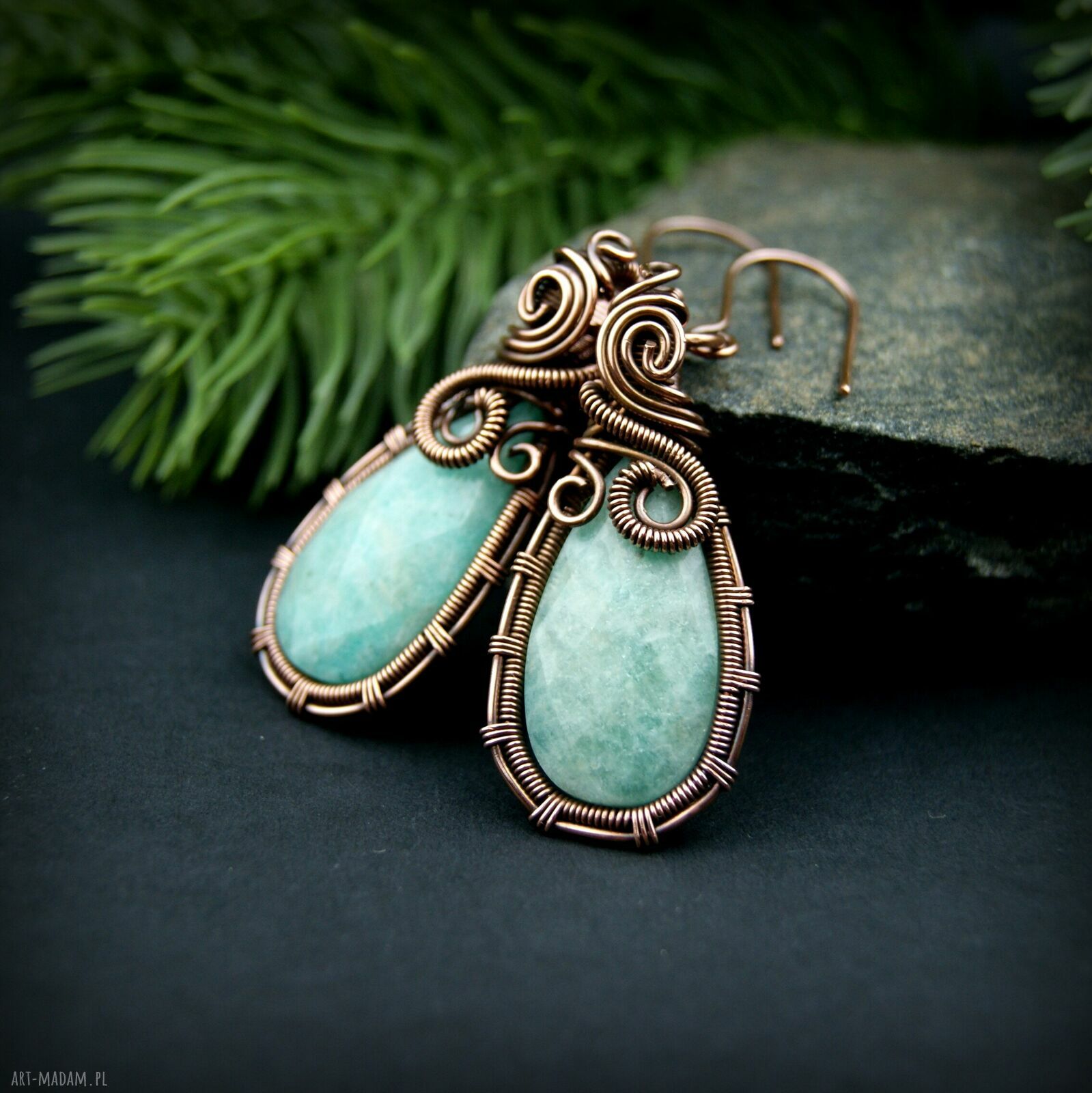 Wiszące kolczyki z amazonitem - miedziane wire wrapping, ręczne wykonanie