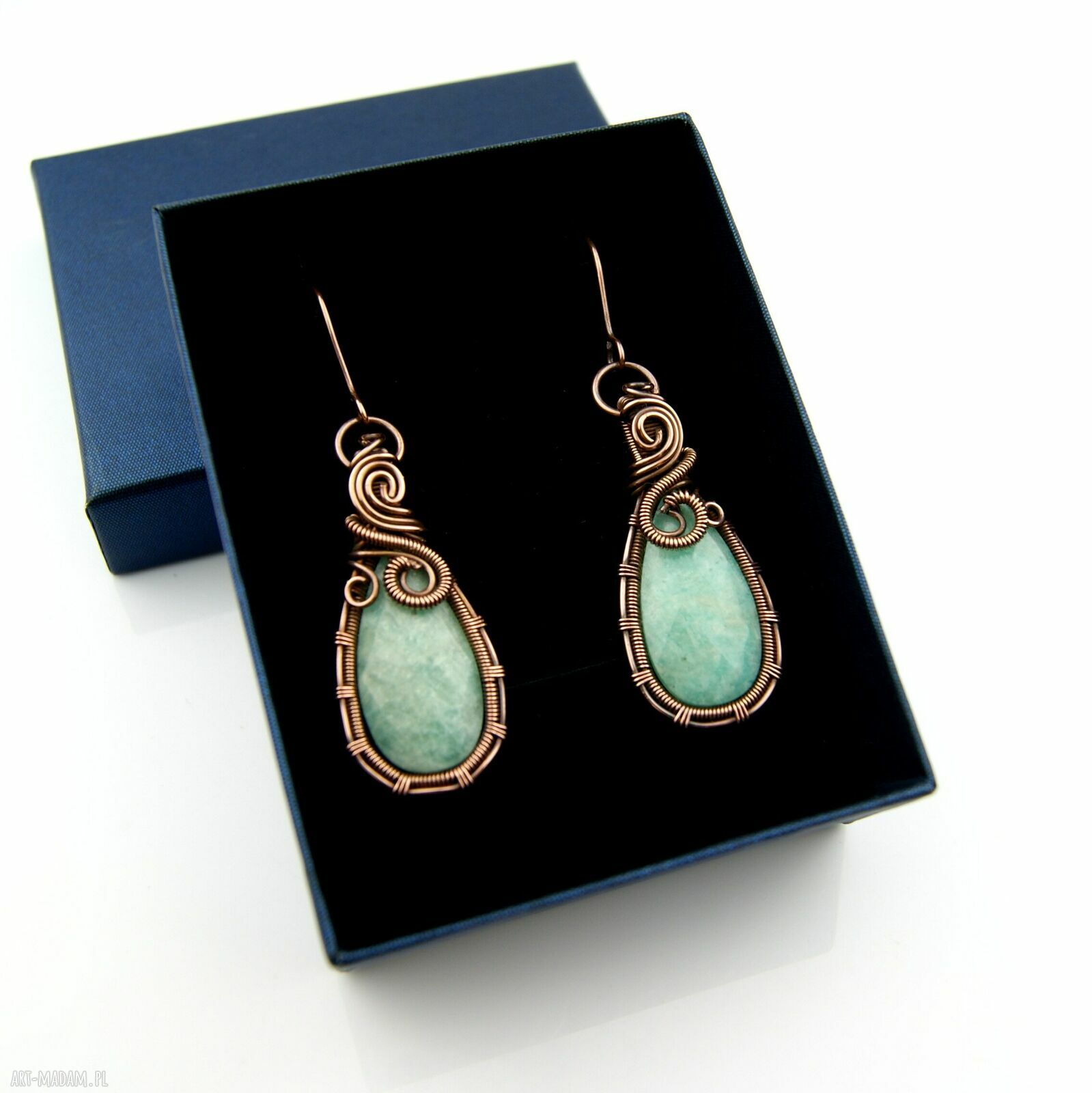 Wiszące kolczyki z amazonitem - miedziane wire wrapping, ręczne wykonanie