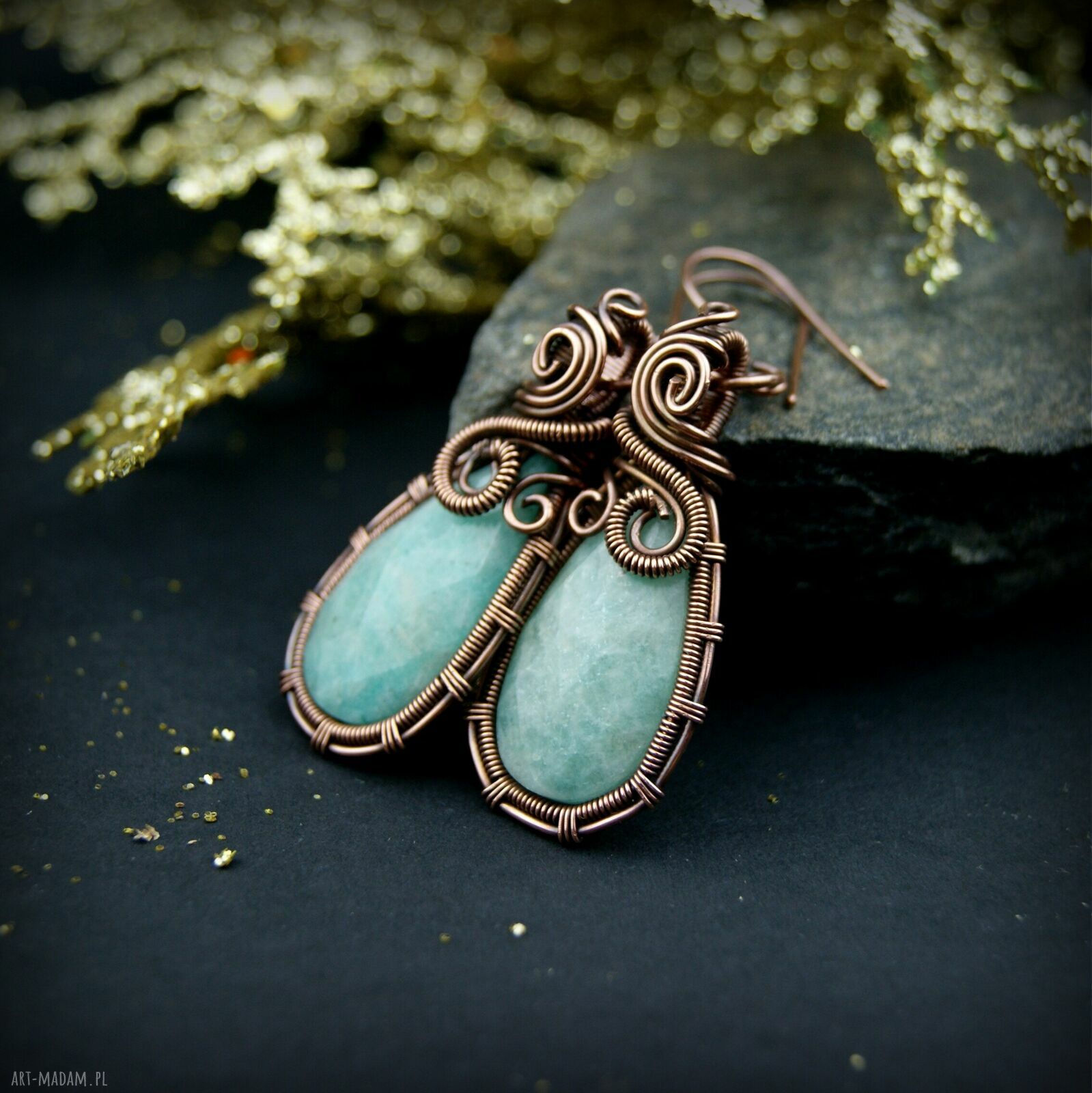 Wiszące kolczyki z amazonitem - miedziane wire wrapping, ręczne wykonanie