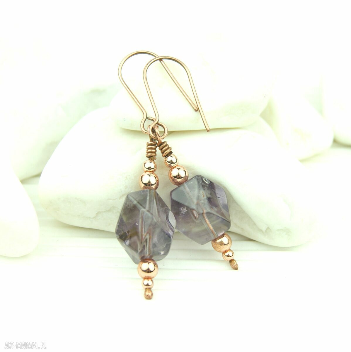 Kolczyki z ametystem i hematytem - miedziane wiszące wire wrapping