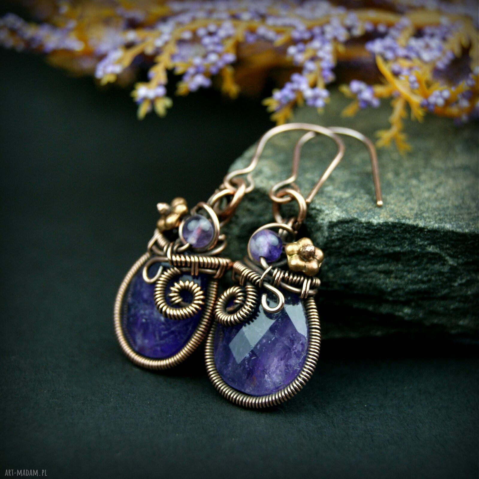 Miedziane kolczyki z ametystem - wiszące wire wrapping