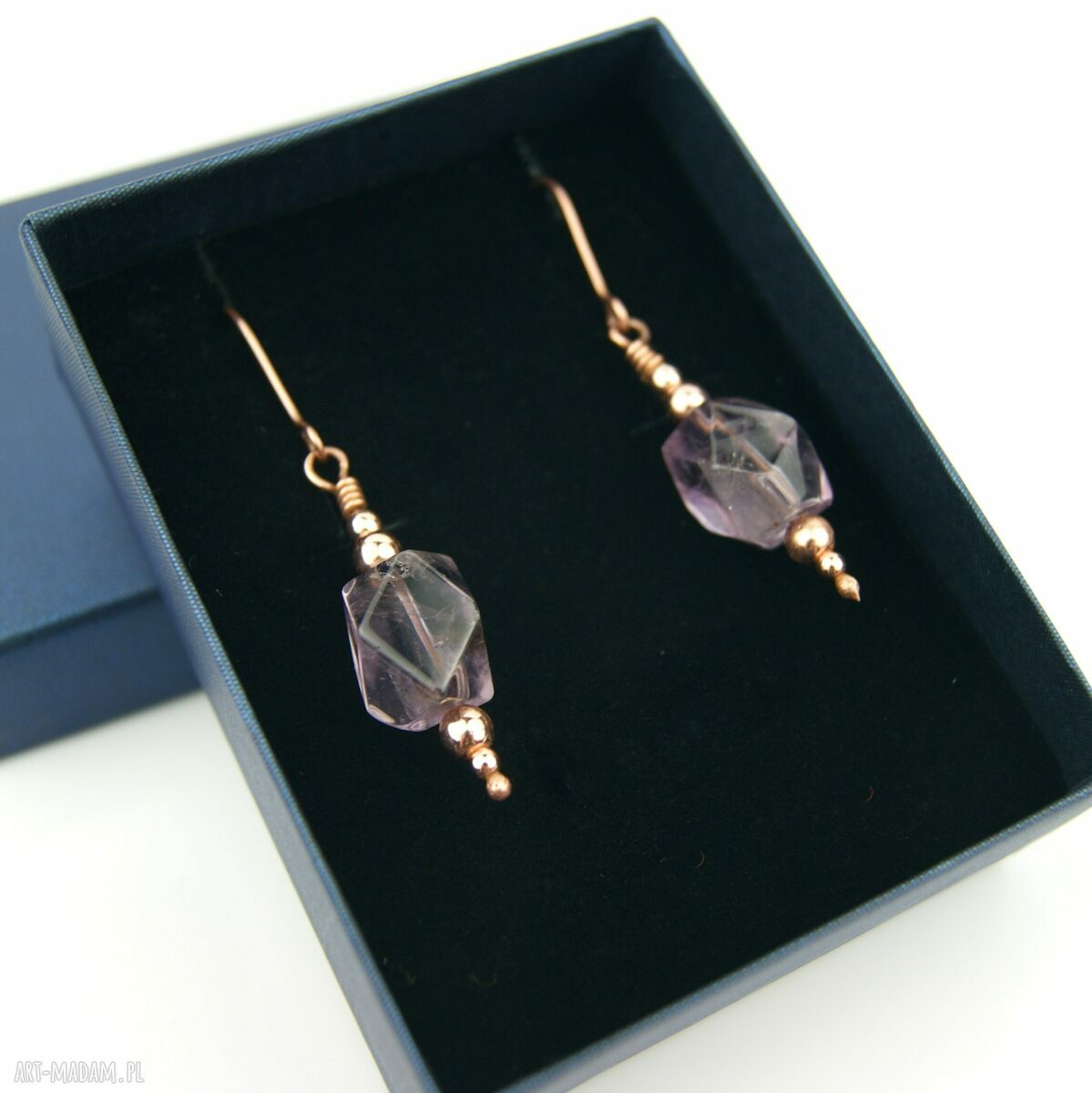 Kolczyki z ametystem i hematytem - miedziane wiszące wire wrapping