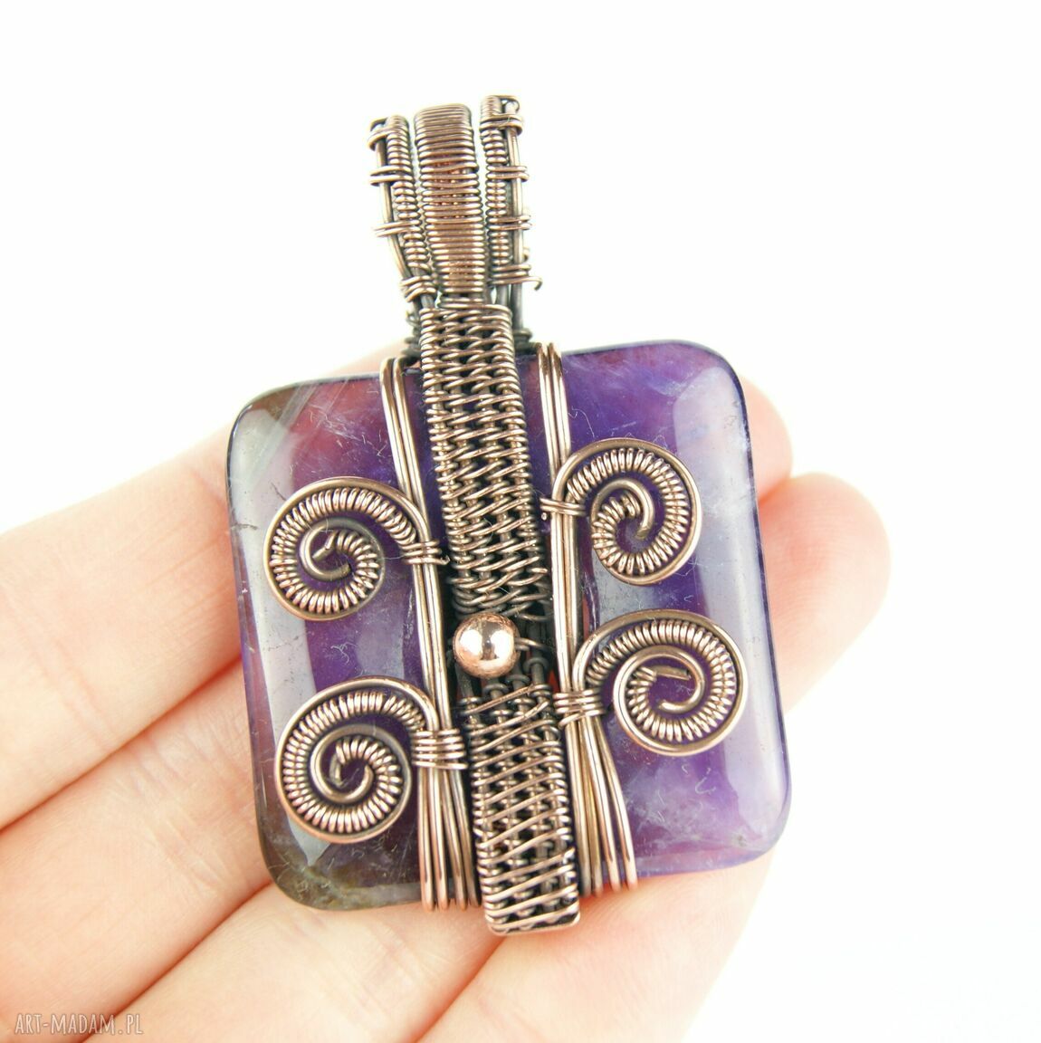 Wisior z ametystem w technice wire wrapping - miedziany, oksydowany
