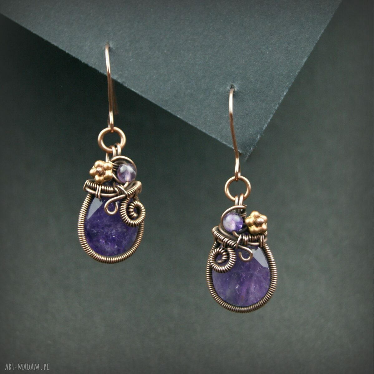 Miedziane kolczyki z ametystem - wiszące wire wrapping
