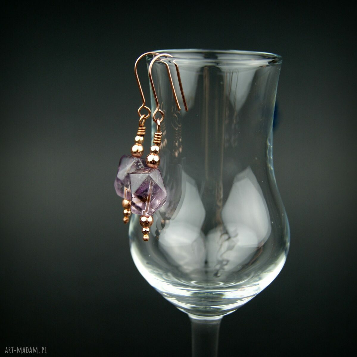 Kolczyki z ametystem i hematytem - miedziane wiszące wire wrapping