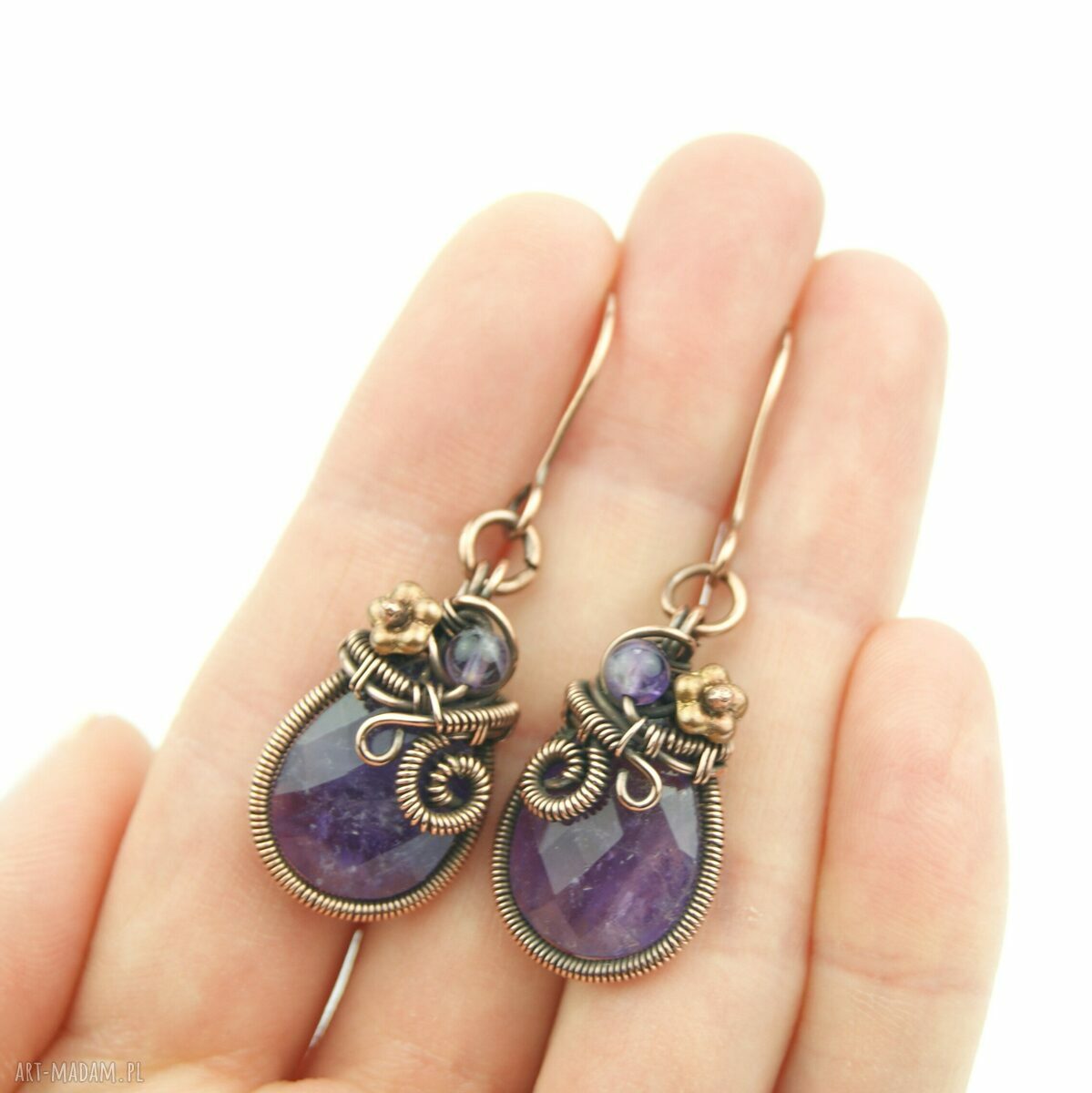 Miedziane kolczyki z ametystem - wiszące wire wrapping