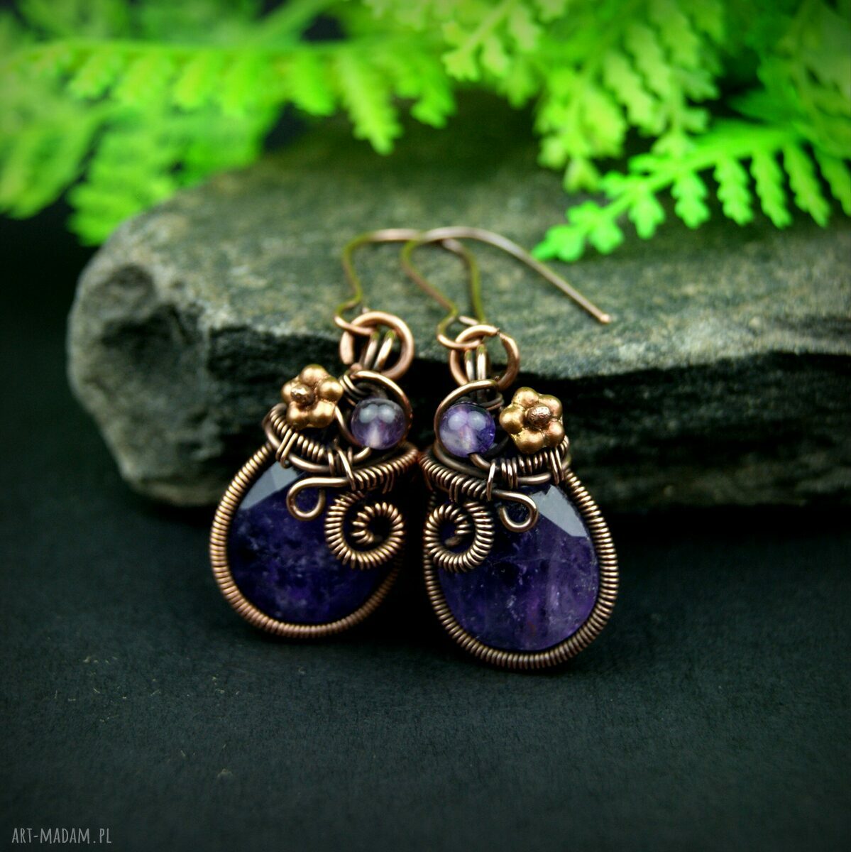 Miedziane kolczyki z ametystem - wiszące wire wrapping