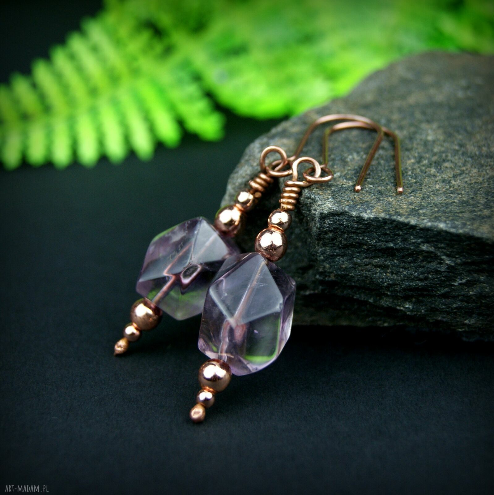 Kolczyki z ametystem i hematytem - miedziane wiszące wire wrapping