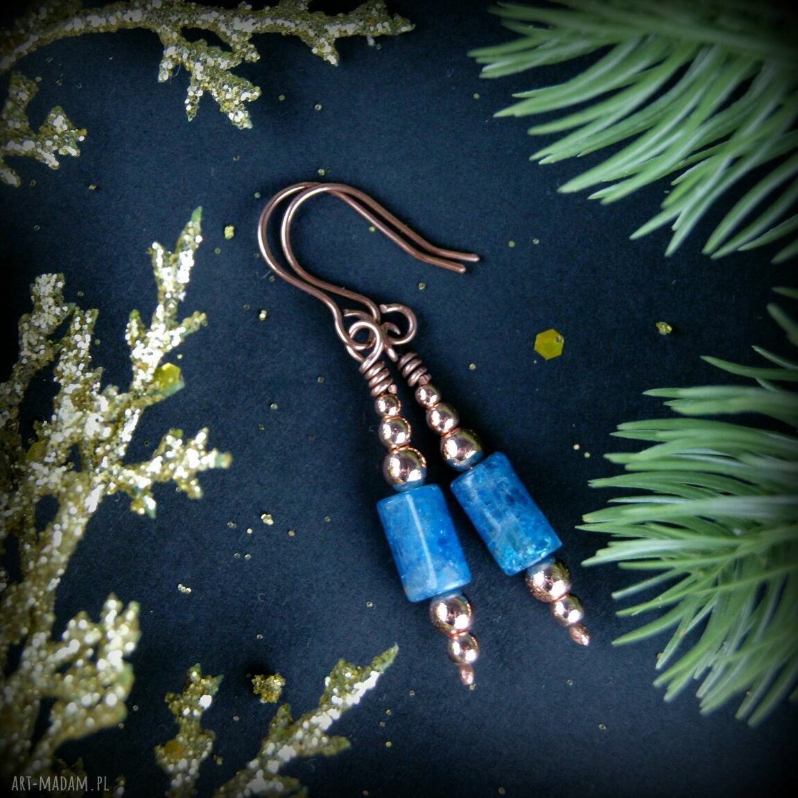 Kolczyki z apatytu, hematytu i miedzi - wire wrapping