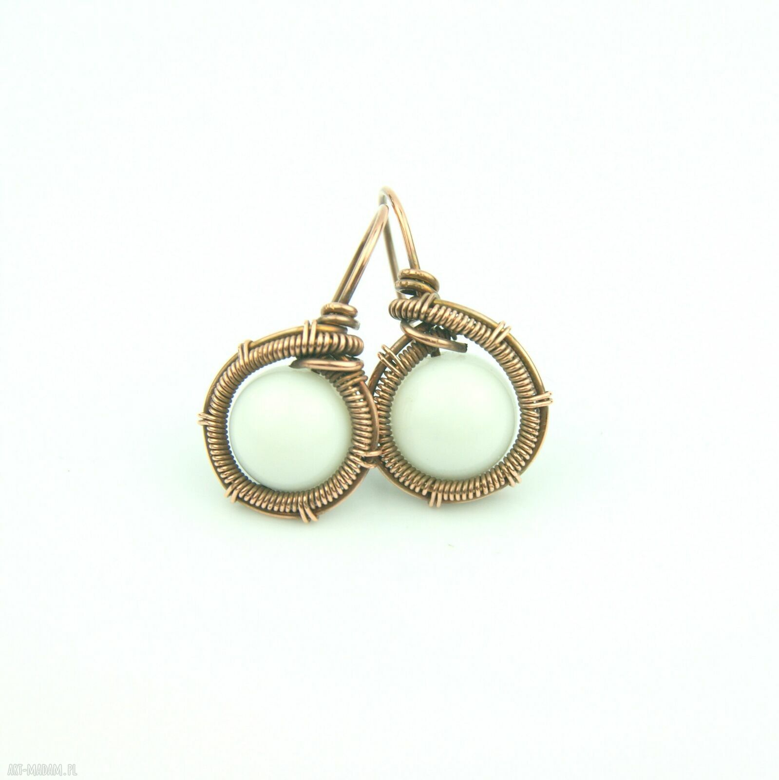 Kolczyki z białym jadeitem - ręczny wire wrapping z miedzi