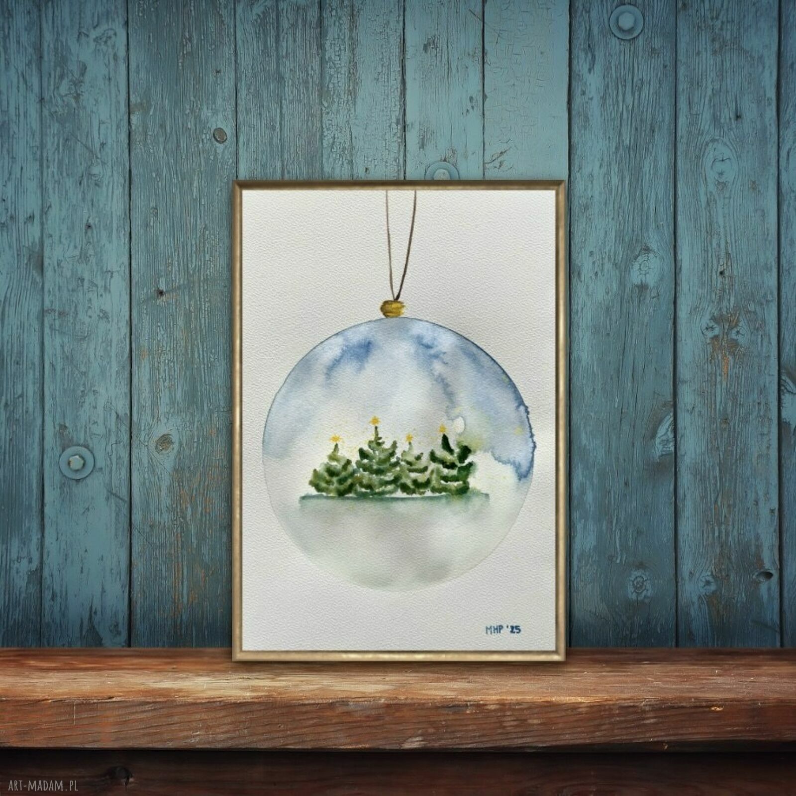 Bombka z choinkami - akwarela w formacie A4, papier 300g (sygnowana)