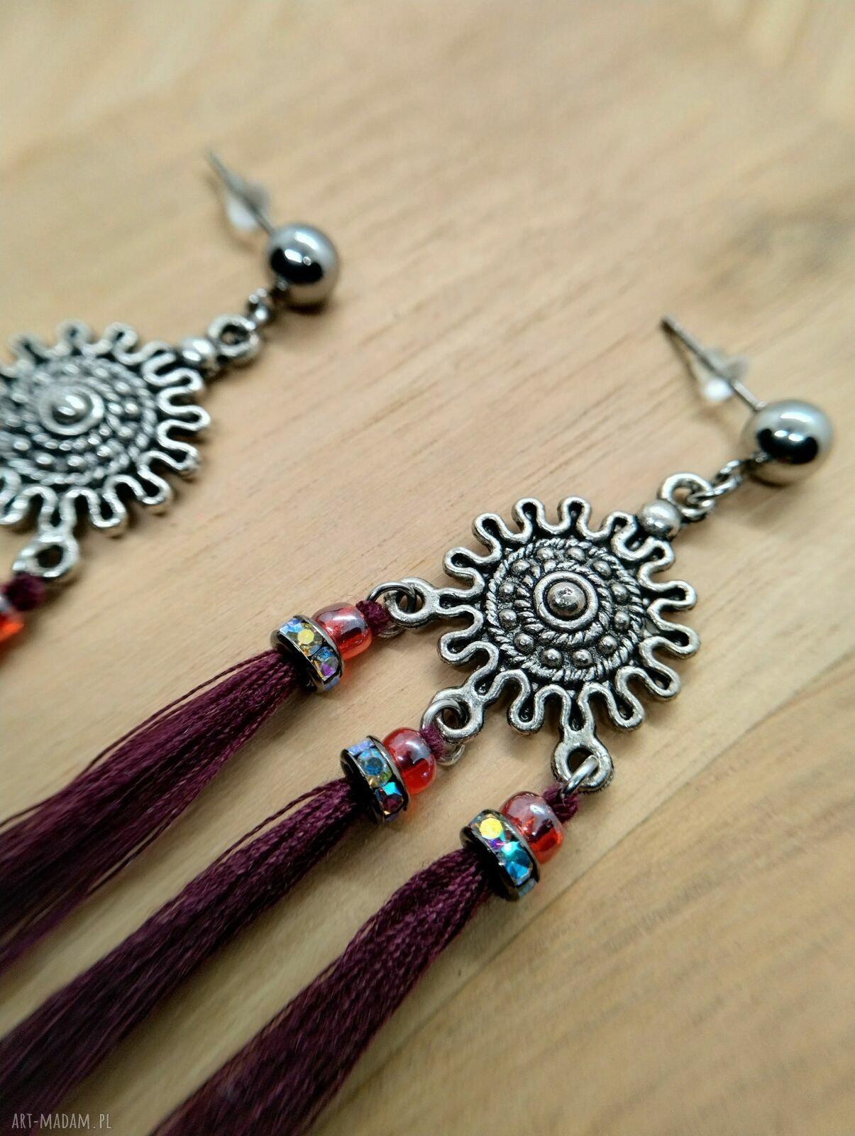 Bordowo-fioletowe kolczyki z chwostami handmade