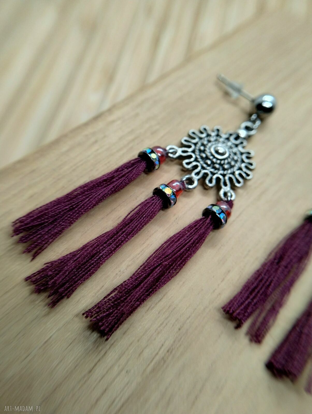 Bordowo-fioletowe kolczyki z chwostami handmade