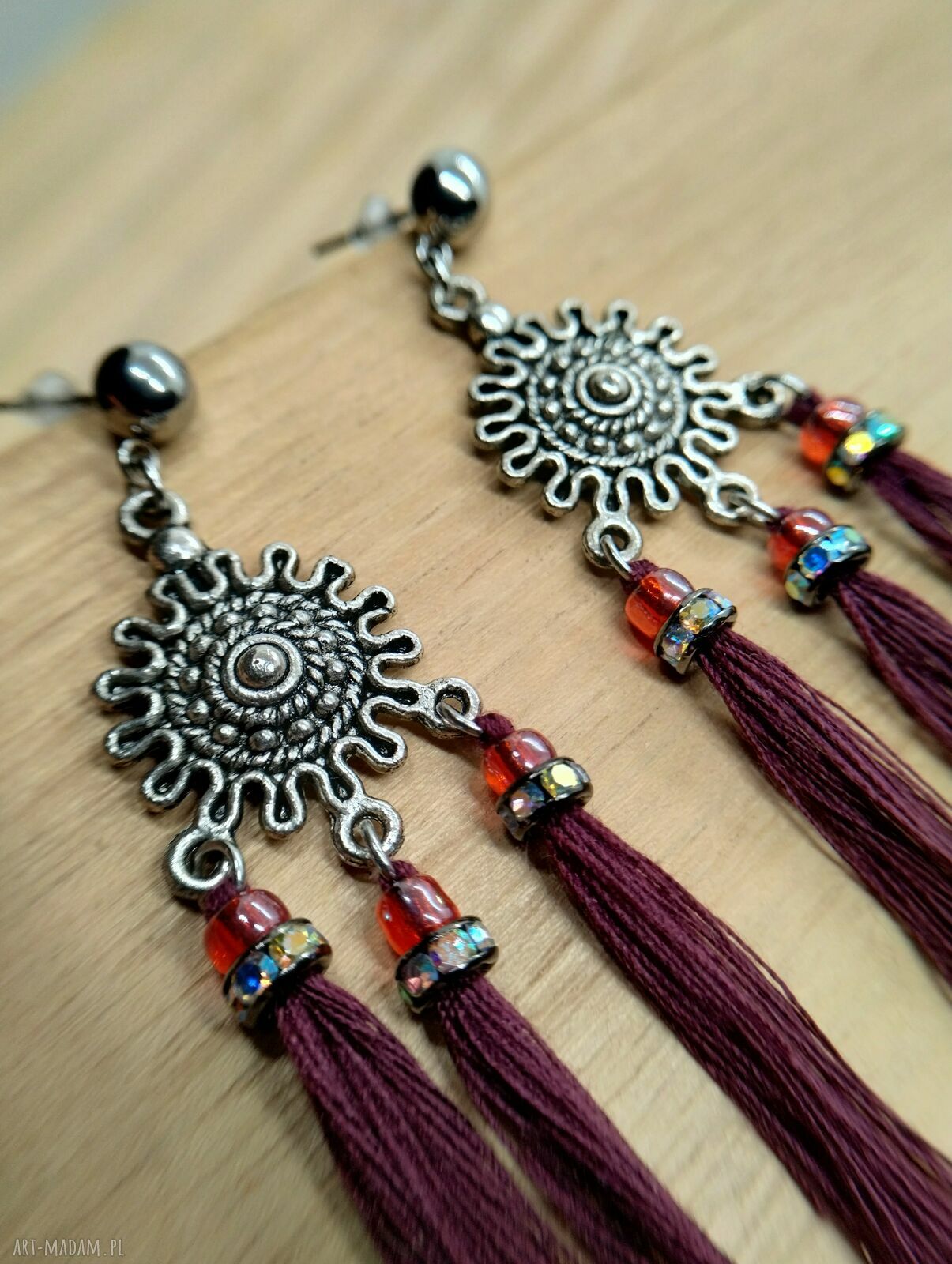 Bordowo-fioletowe kolczyki z chwostami handmade
