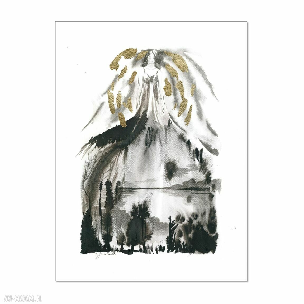 Autorska grafika „JESTEM” ręcznie malowana i złocona 30x40 cm