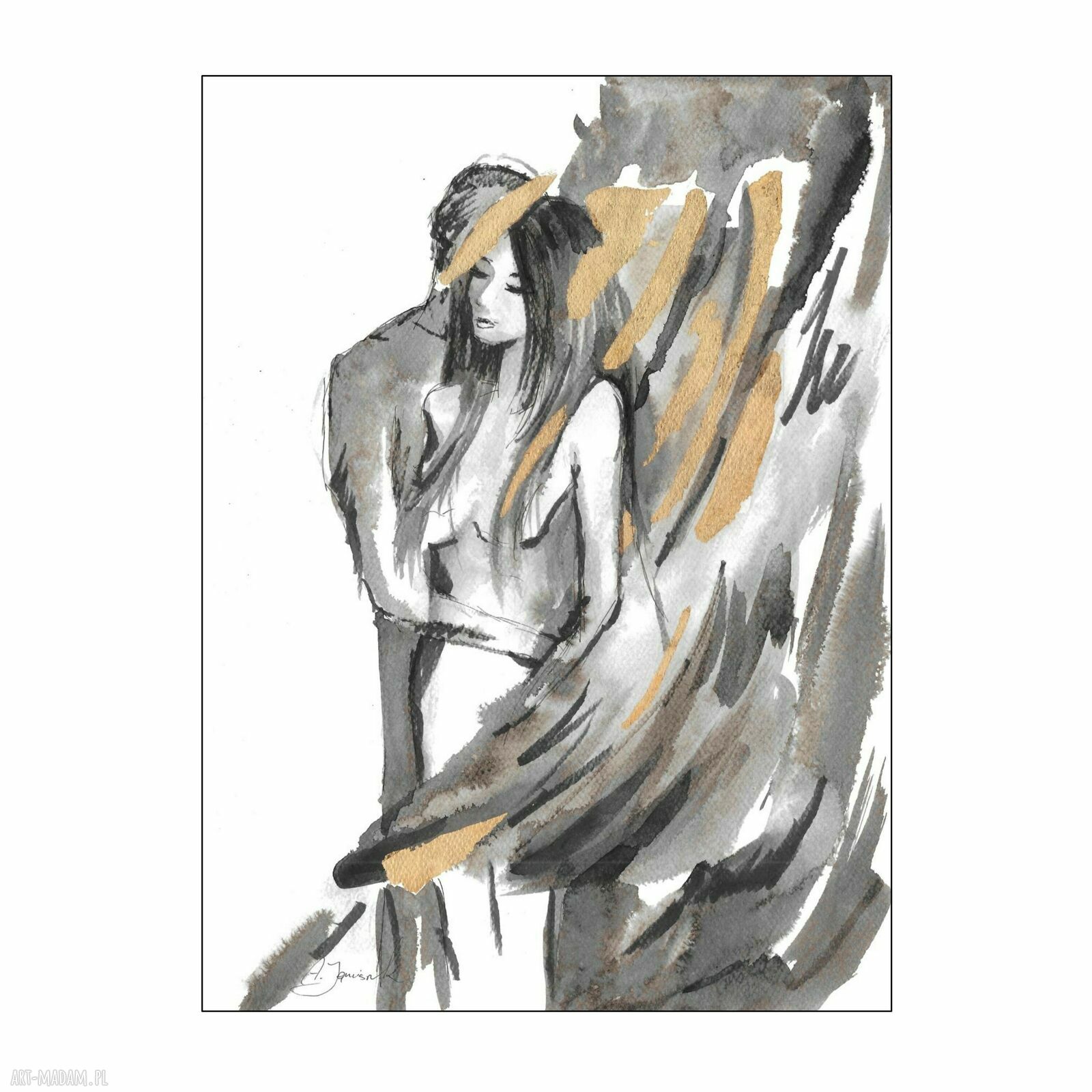 Autorska grafika „Ona i On” malowana czarnym tuszem i złocona 30x40 cm