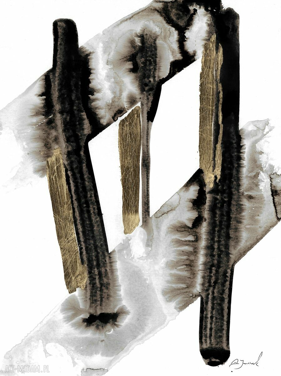 Grafika z cyklu „Przebłyski” malowana i złocona ręcznie - las w abstrakcji (30x40 cm)