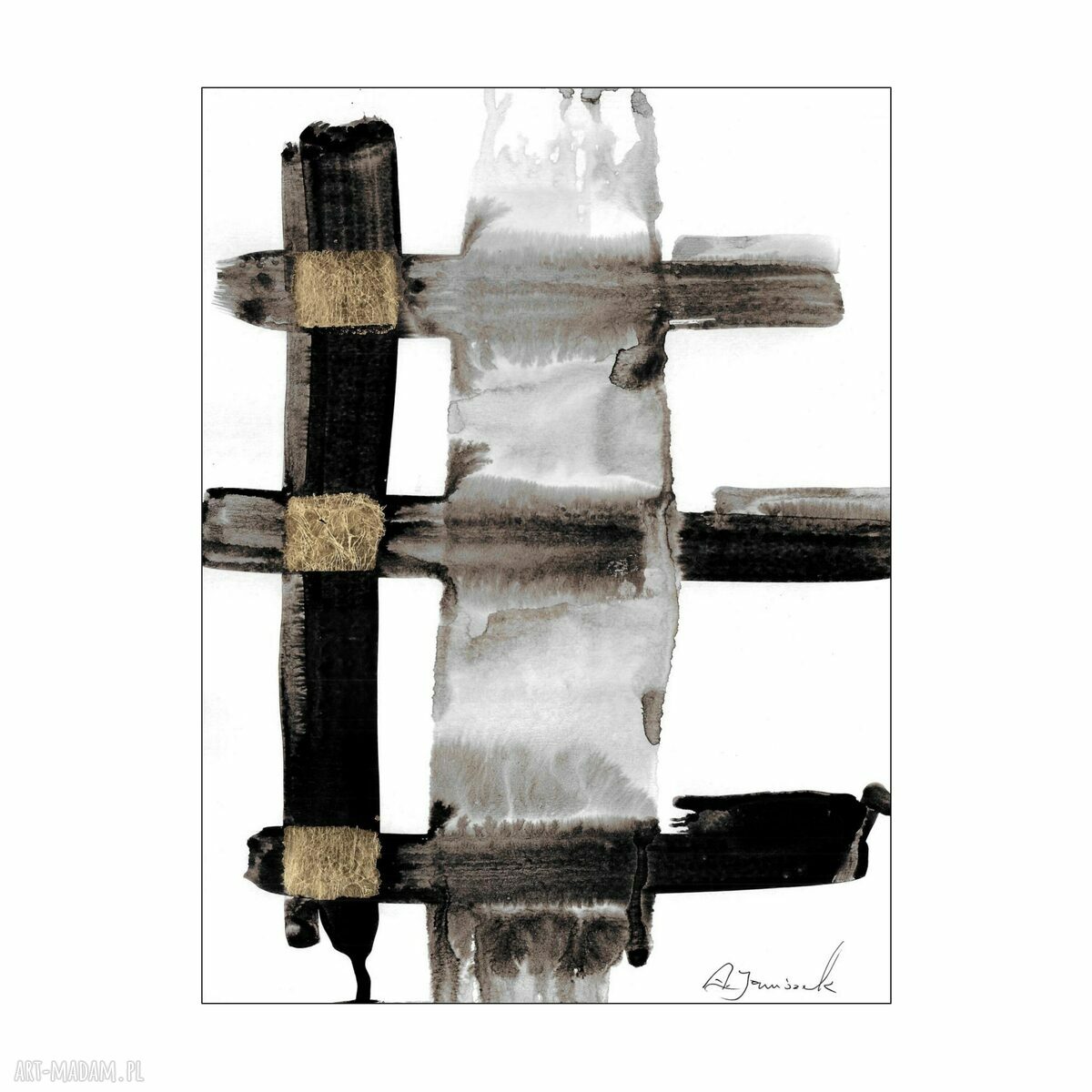 Grafika abstrakcyjna „Przebłyski” 30x40 cm - malowana i złocona ręcznie