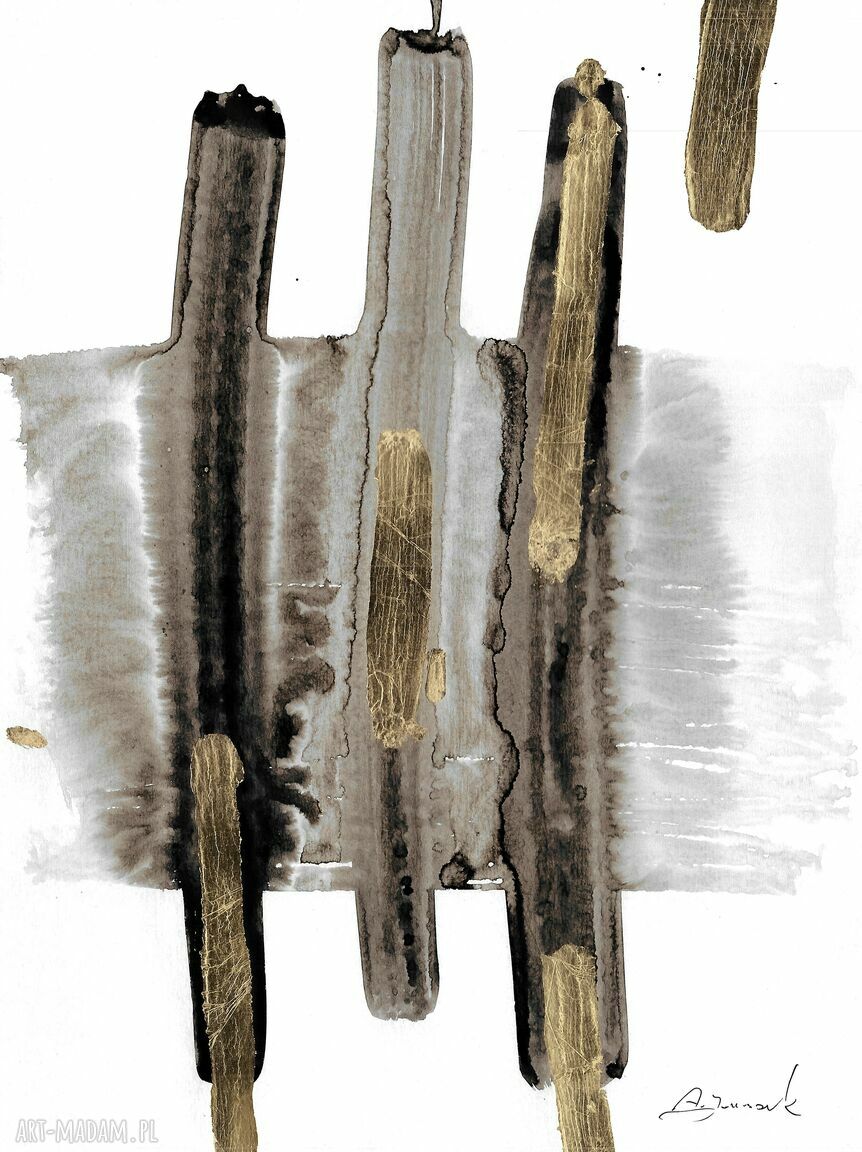 Autorska grafika z cyklu „Przebłyski” 30x40, ręcznie malowana i złocona