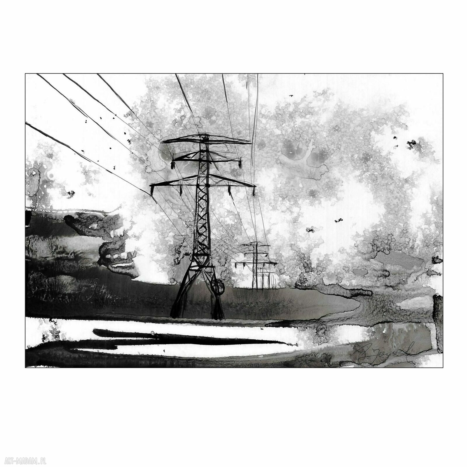 Pejzaże industrialne - grafika black ink art ręcznie malowana 30 x 21 cm
