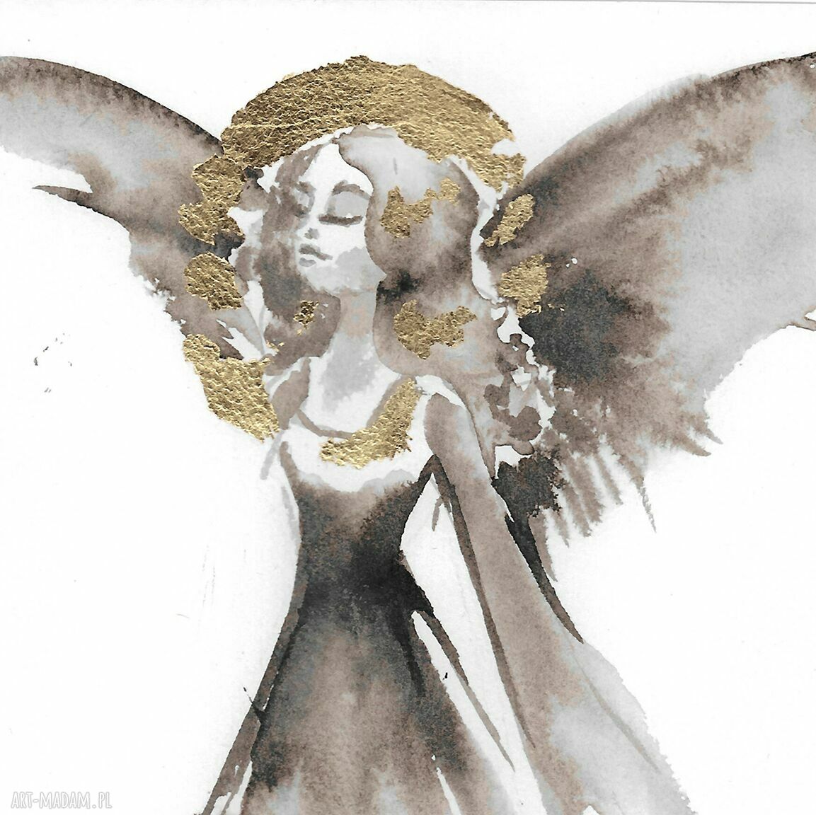 Grafika Anioł w złotej aureoli A4 - ręcznie malowana i złocona (30 x 21 cm)