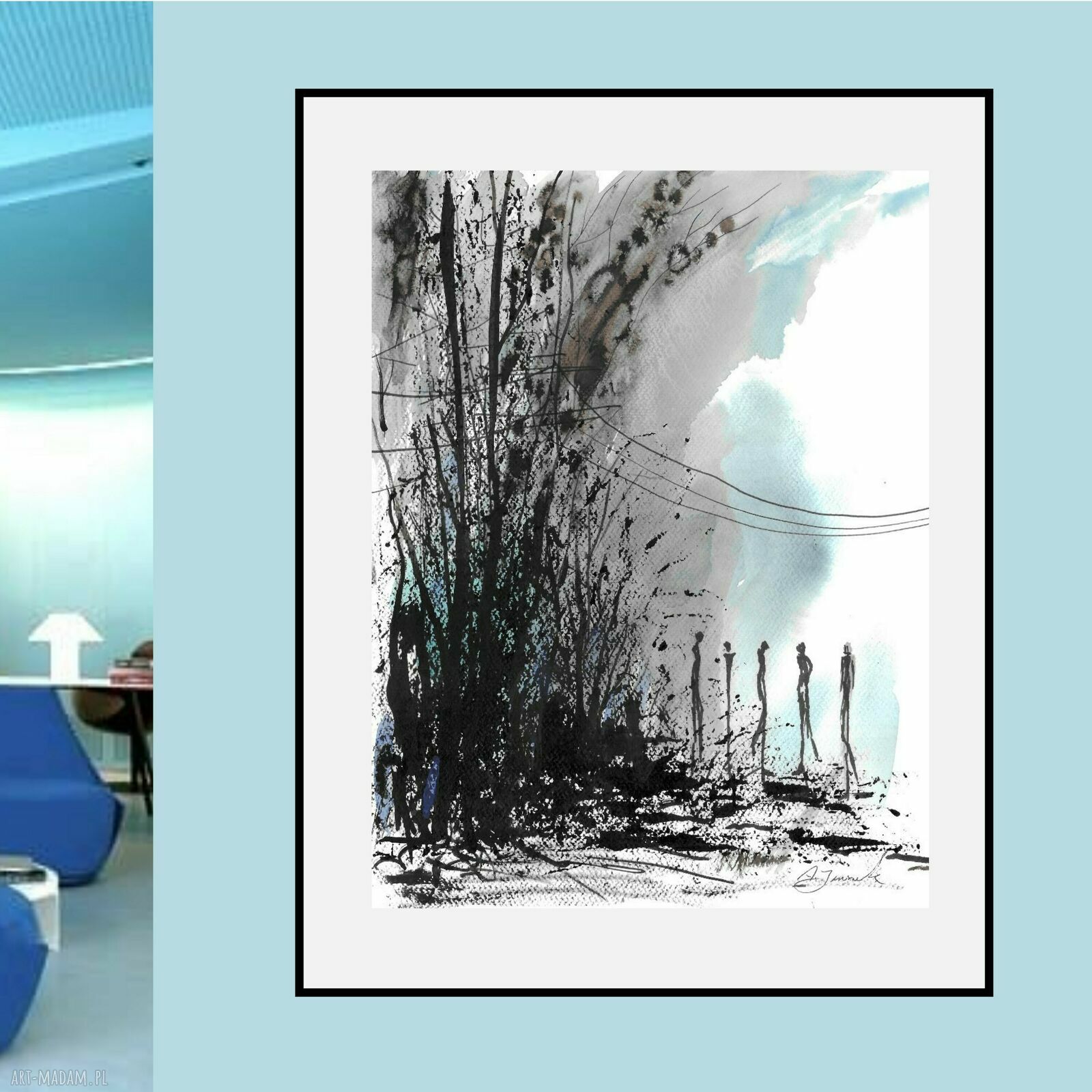 Grafika z cyklu Lazurowe drżenia - błękitne nastroje, akwarela i czarny tusz 30x40 cm