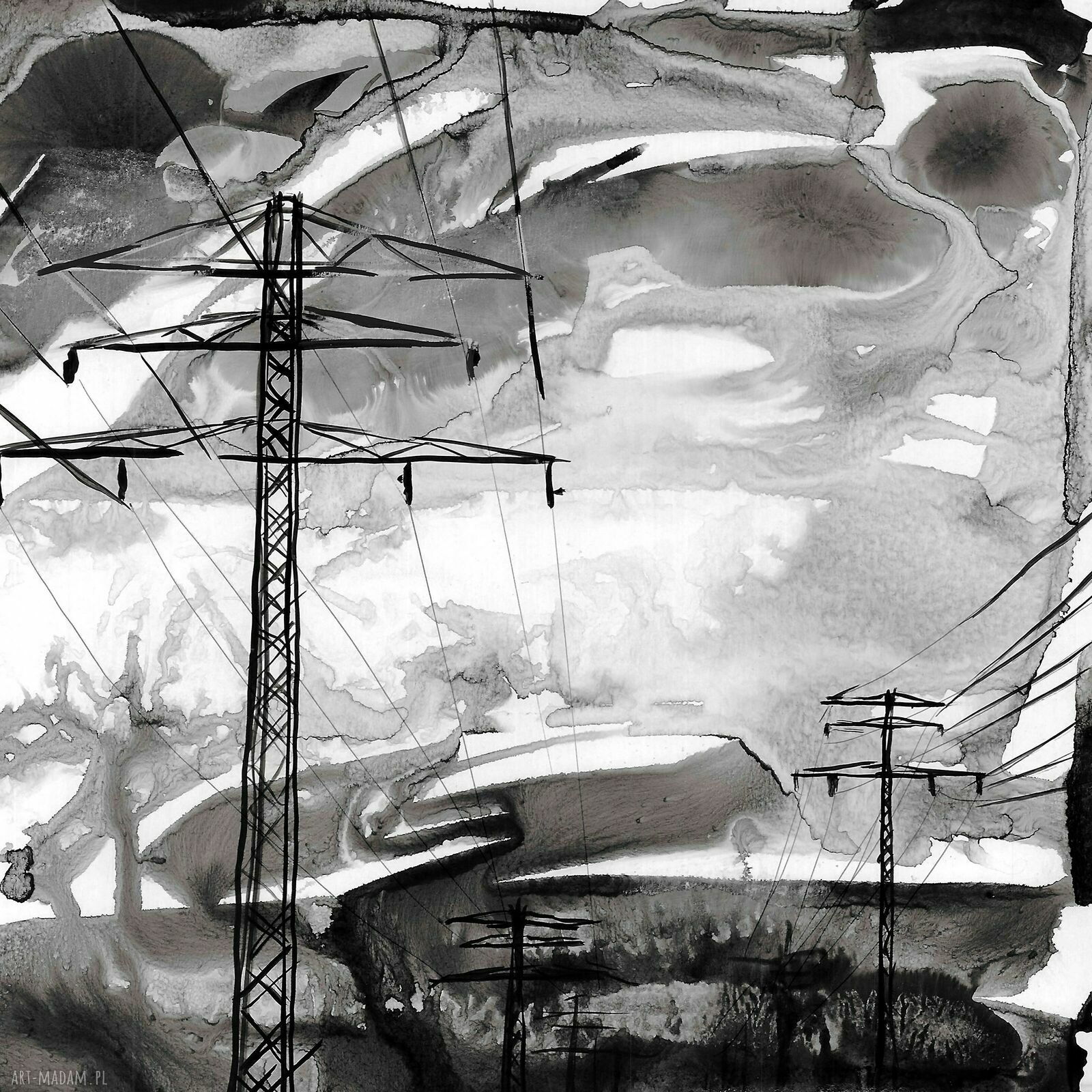 Grafika "Pejzaże industrialne" 30x40 cm - black ink art, ręcznie malowana (pojedynczy egzemplarz)