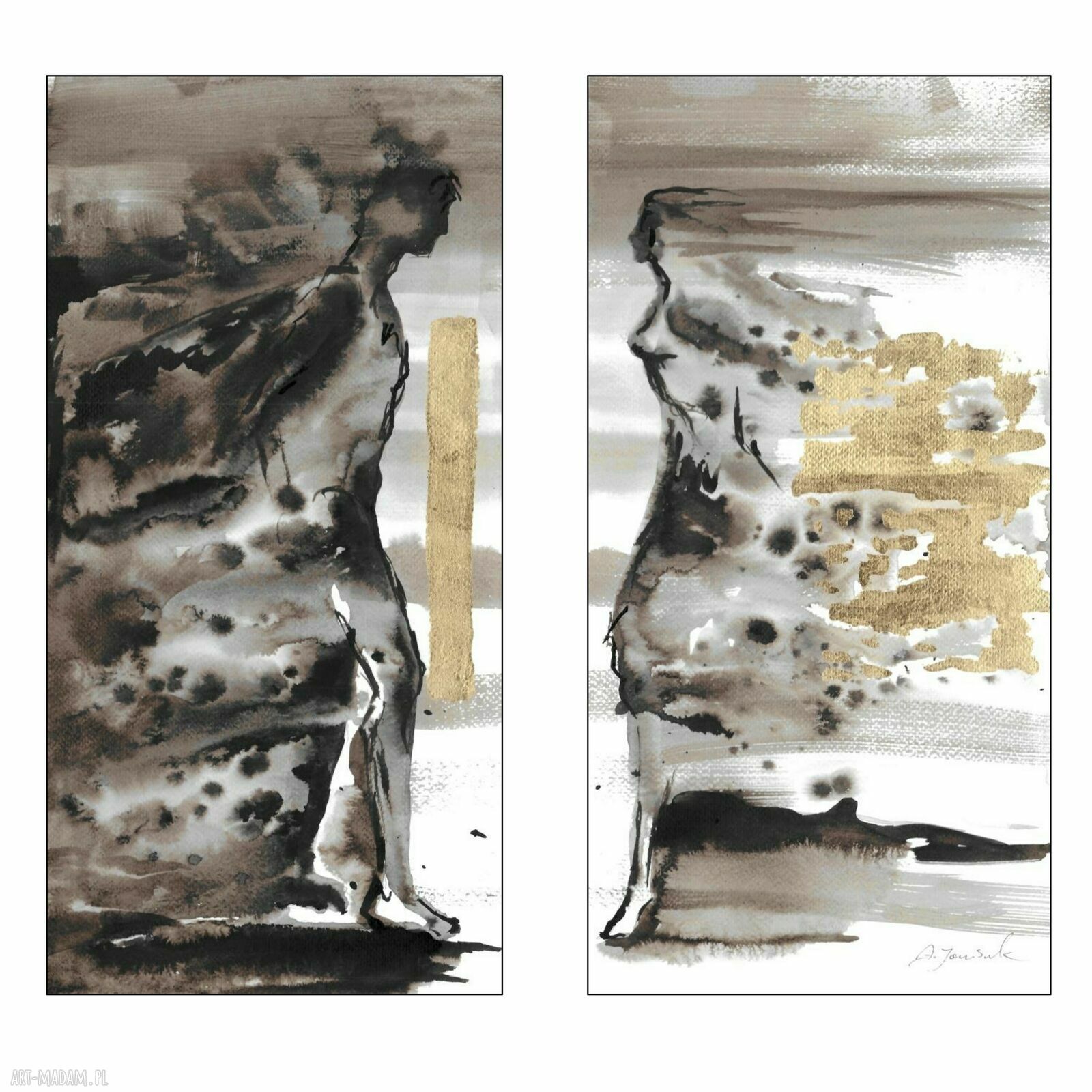 Grafika z cyklu „Ona i On” malowana i złocona ręcznie - dyptyk 2 x (40x20 cm)