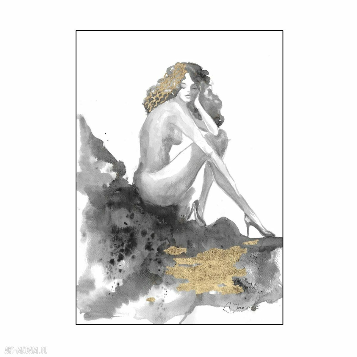 Czarno-złota grafika „Ona” - ręcznie malowana i złocona 30x42 cm