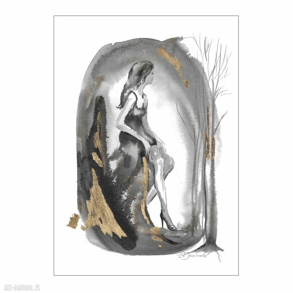 Ręcznie malowana grafika z cyklu „Ona” pozłacana - 30 x 42 cm