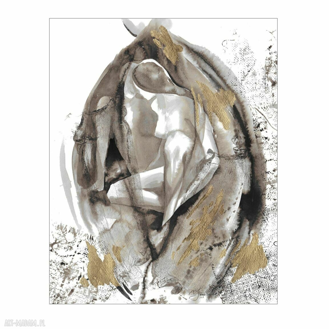 Grafika z cyklu „Kokony” - malowana i złocona ręcznie 40x50 cm