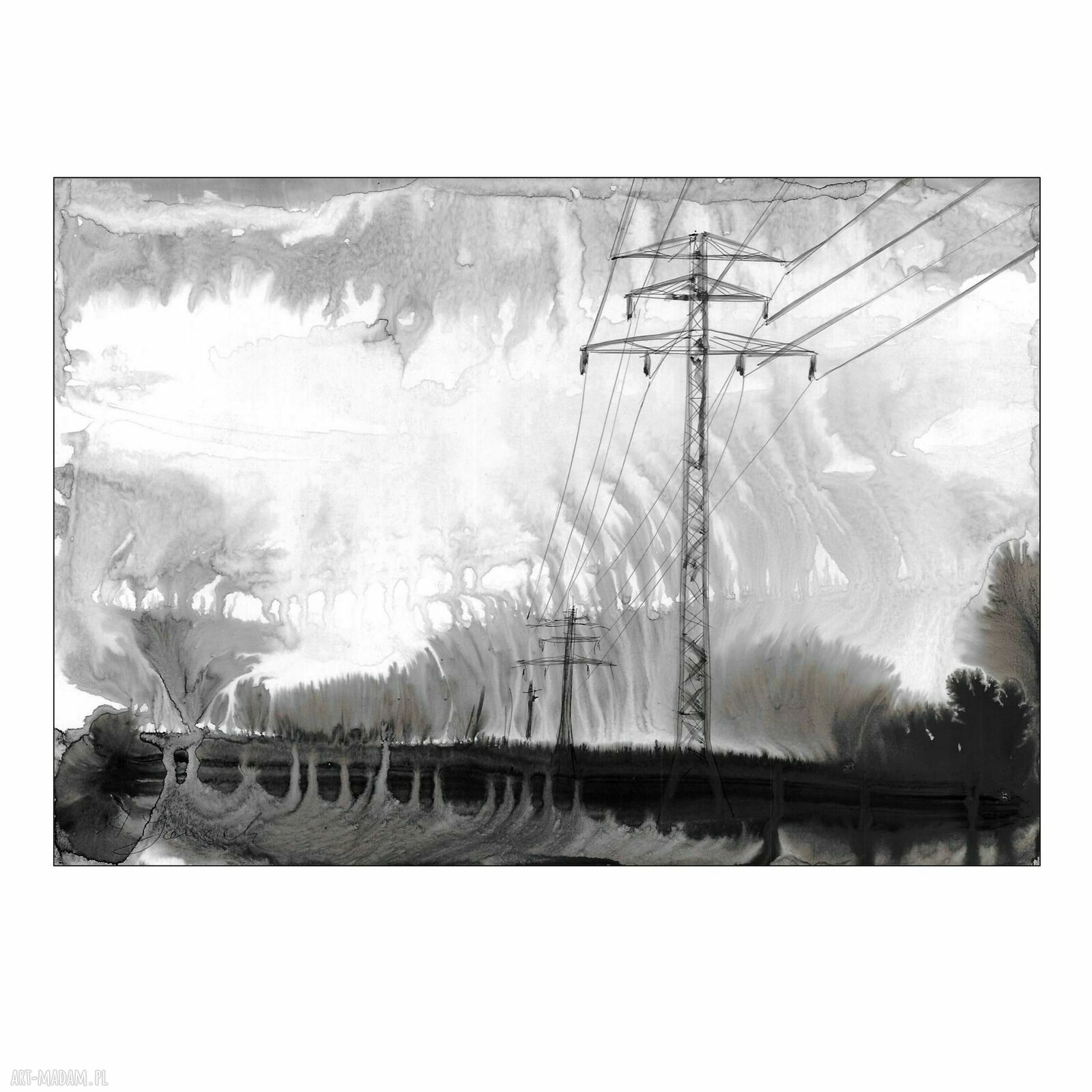 Grafika z cyklu „Pejzaże industrialne” malowana ręcznie 21 x 30 cm