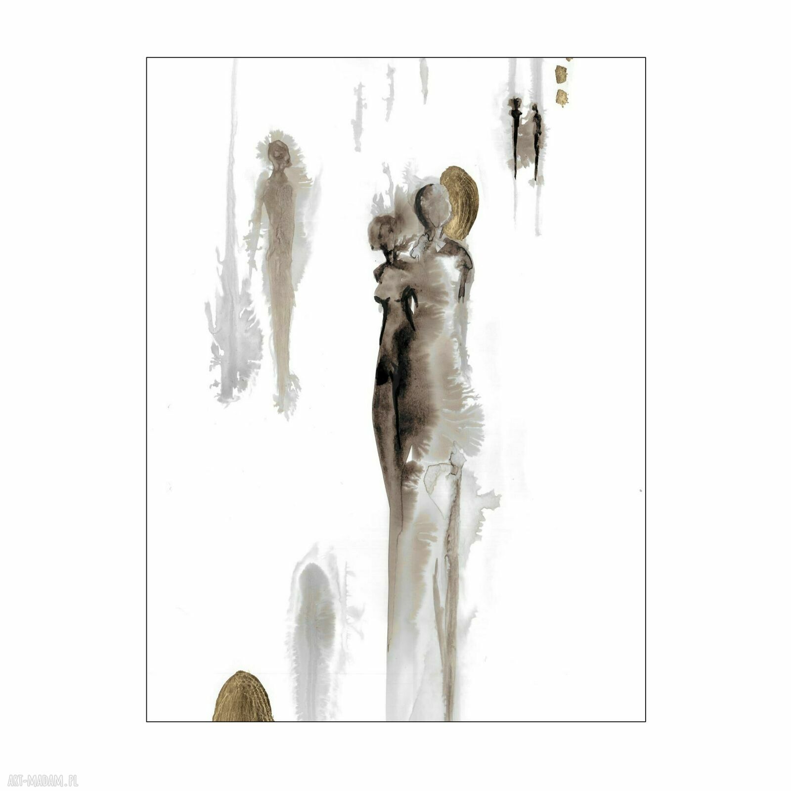 Z cyklu "Obecność" 30x40 cm - ręcznie malowana grafika z czarnym tuszem i złoceniami