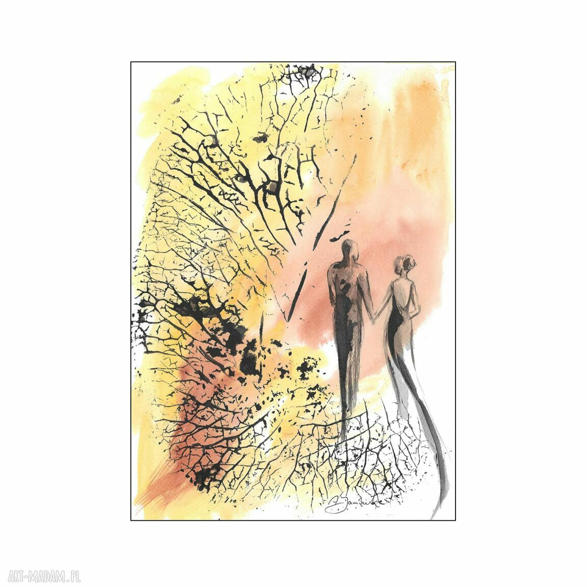 Grafika z cyklu „Razem” 30 x 42 cm - ręcznie malowana akwarela i tusz dla pary