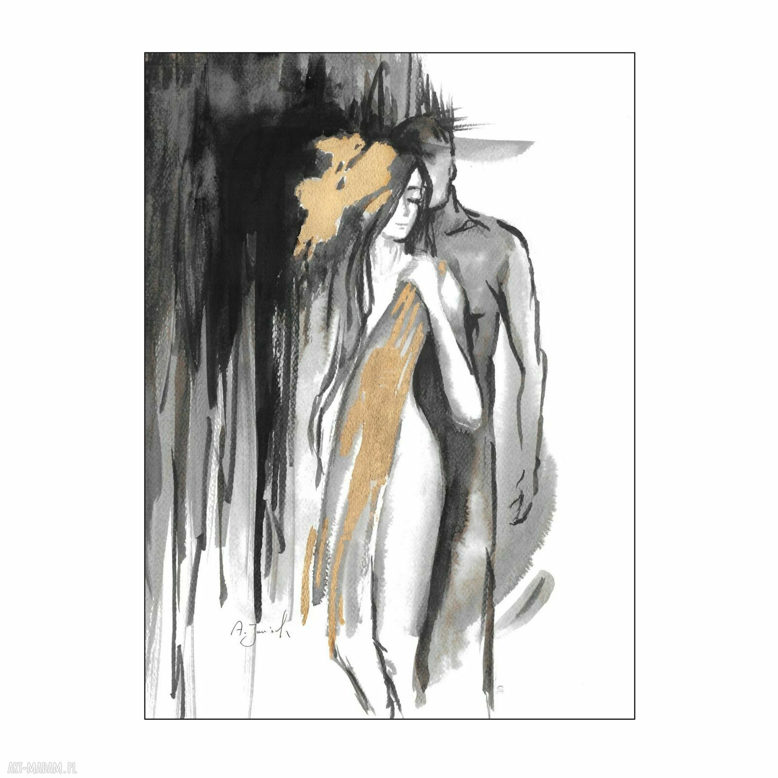 Grafika „Ona i On” malowana i złocona ręcznie - 30x40 cm