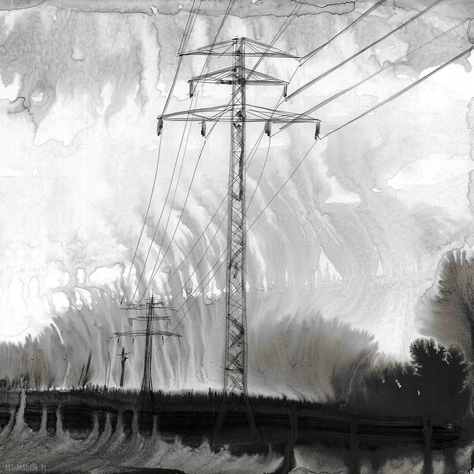 Grafika z cyklu „Pejzaże industrialne” malowana ręcznie 21 x 30 cm