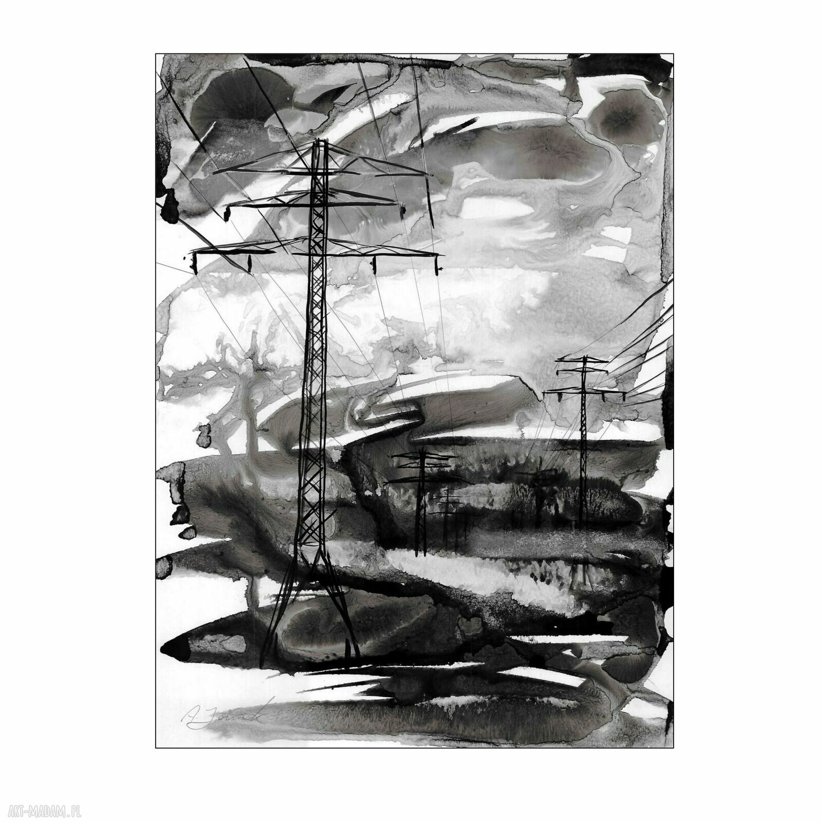 Grafika "Pejzaże industrialne" 30x40 cm - black ink art, ręcznie malowana (pojedynczy egzemplarz)