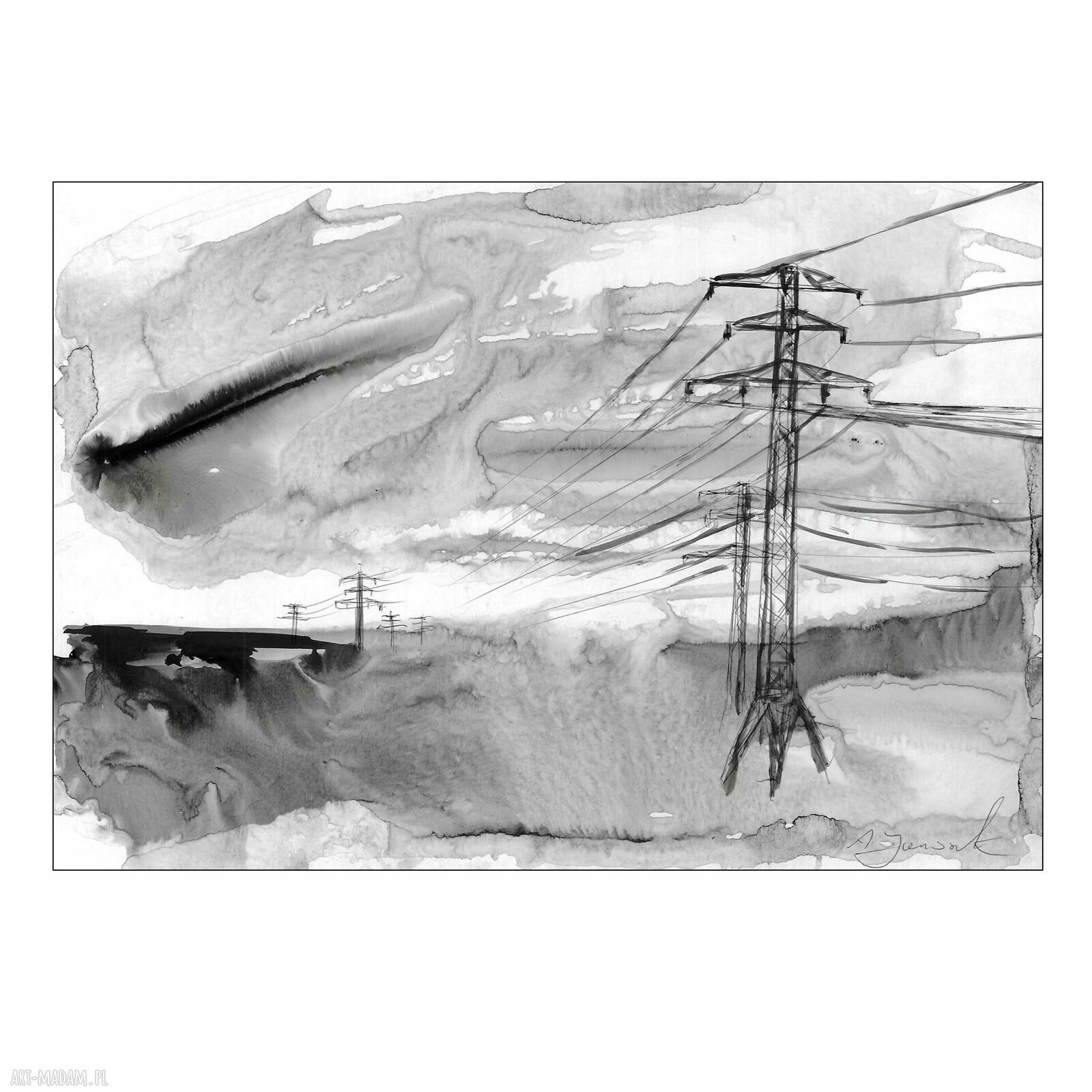 Autorska grafika „Pejzaże industrialne” malowana tuszem - black ink art 30x21 cm