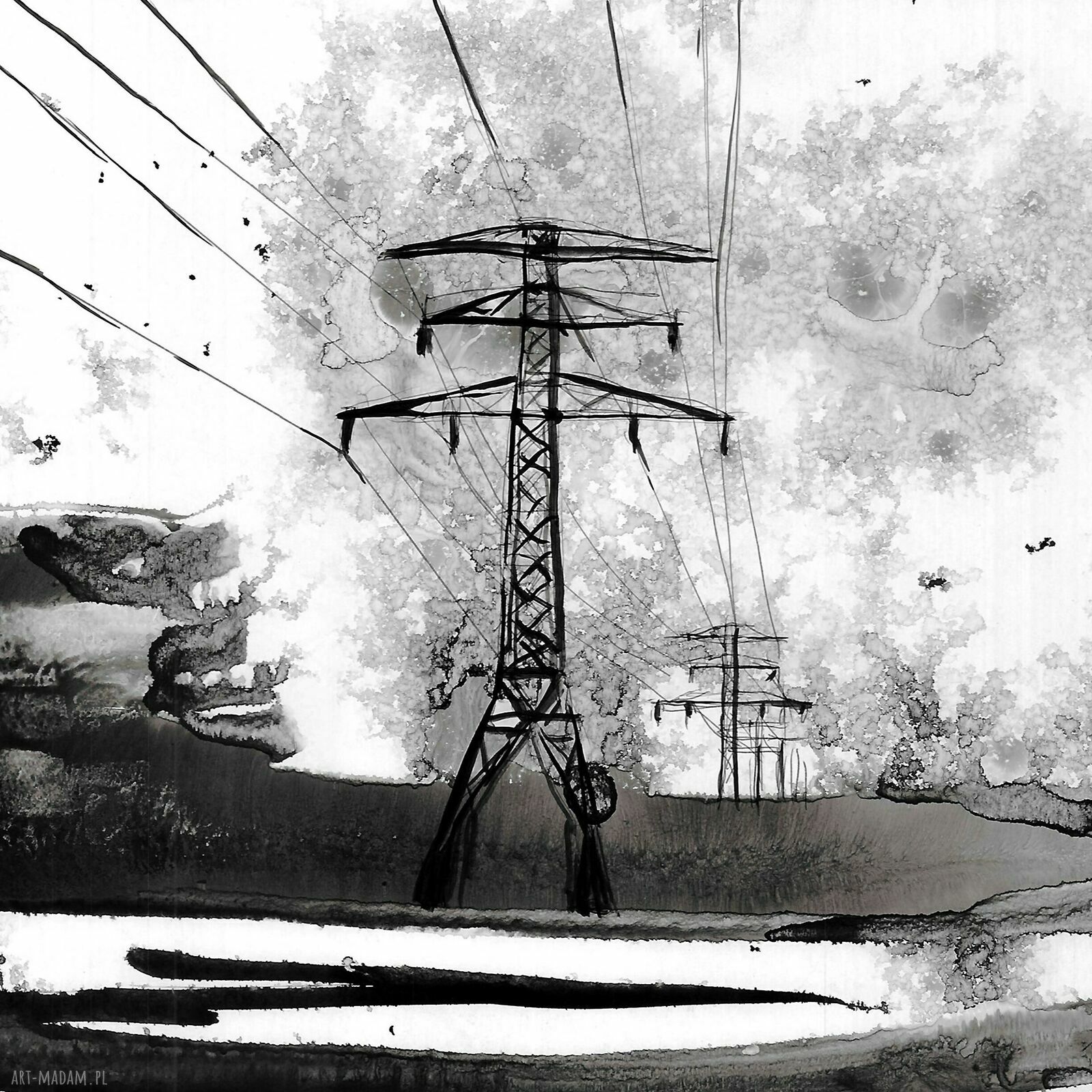 Pejzaże industrialne - grafika black ink art ręcznie malowana 30 x 21 cm