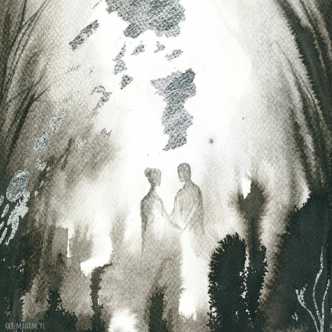 Grafika z cyklu RAZEM „Przestrzeń” - ręcznie malowana i szlagmetal srebrny - 30 x 40 cm