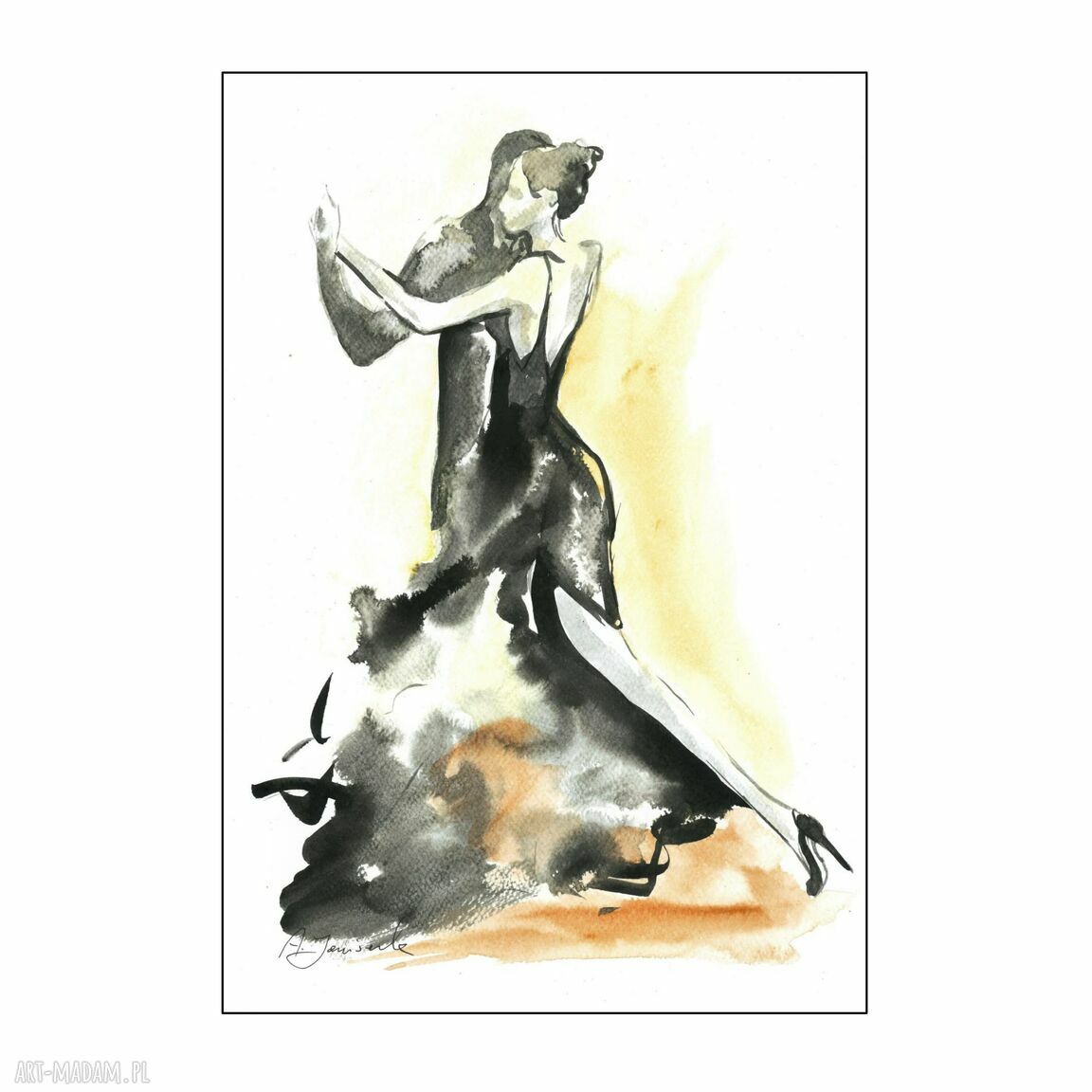 Grafika „Dance, dance” malowana ręcznie - akwarela z czarnym tuszem, 30x42 cm