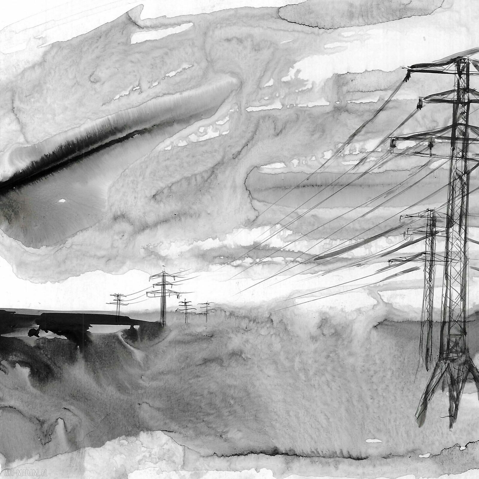 Autorska grafika „Pejzaże industrialne” malowana tuszem - black ink art 30x21 cm
