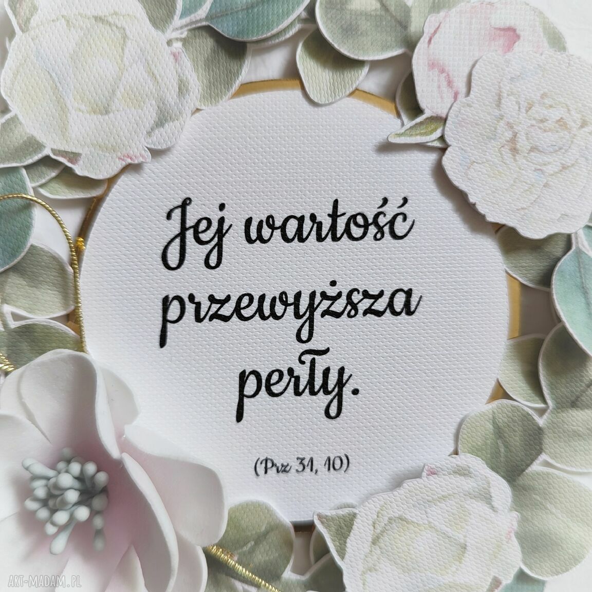 Kartka z cytatem z Pisma Świętego - ręcznie robiony scrapbooking z zielonym wiankiem