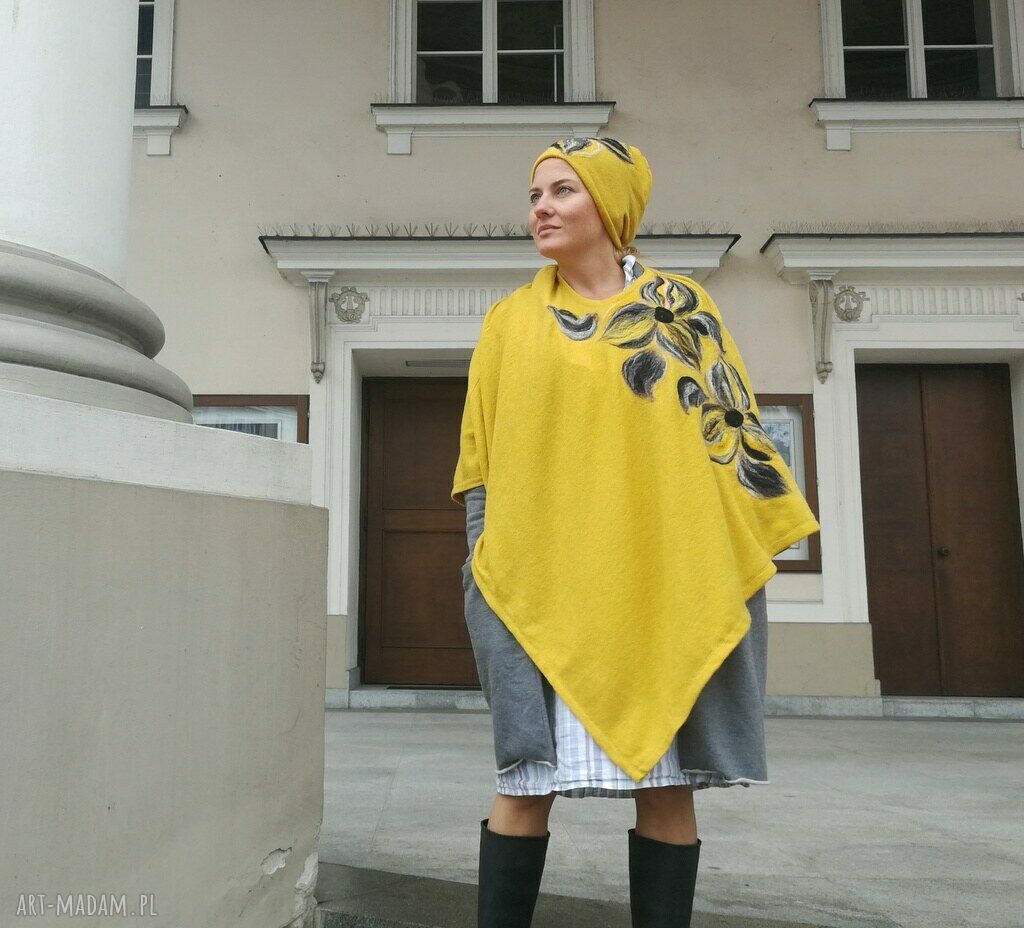 Musztardowe poncho z dzianiny wełnianej (ręcznie filcowane)